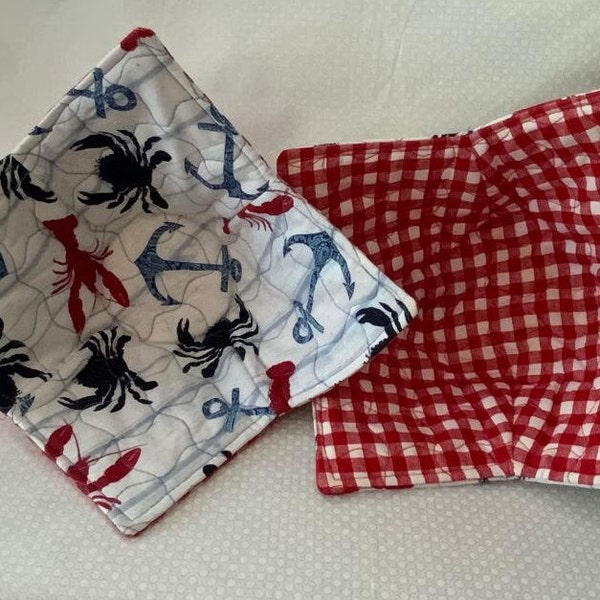 LOBSTER CRAB & ANCHORS, Quilted Bowl Cozy, Blue Red White Bowl Holder, Kitchen Gift, Microwave Bowl Cozy, Hot Pad Bowl Cozy, Housewarming