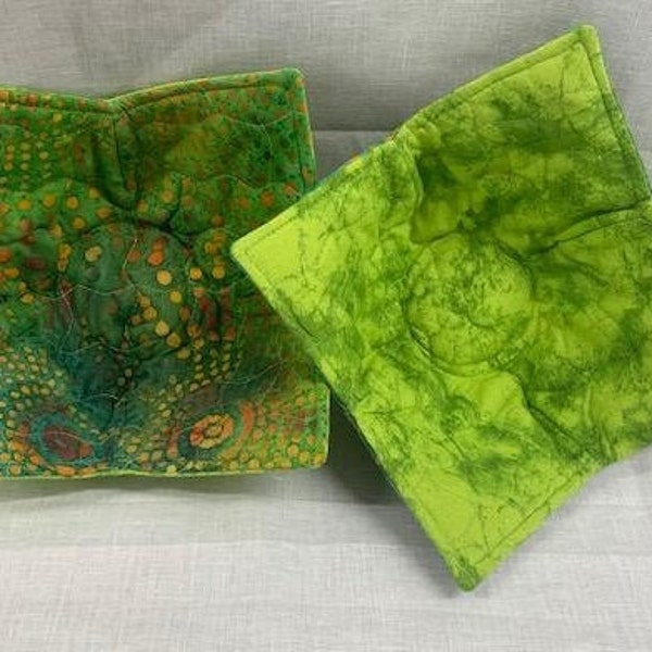 LIME GREEN BATIK Bowl holder, Quilted Microwave Bowl Cozy, Microwave Bowl Cozy, Lime Green, Yellow, Orange, Blue, Purple, Bowl Holder,