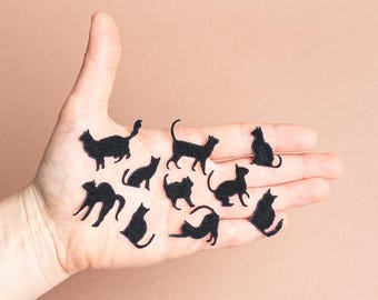Black velvet mini cat pose silhouette die cuts | set of 10 small kitties | Arts & crafts scrapbooking cardmaking embellishments