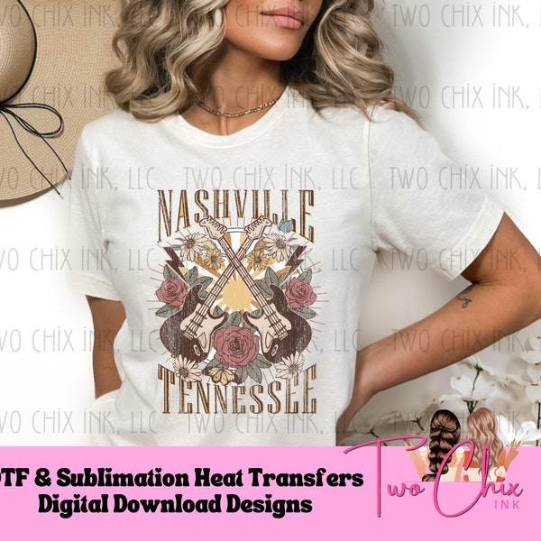 Vintage Nashville Tennessee T-Shirt Design with Electric Guitars | DTF Clear Film or Sublimation