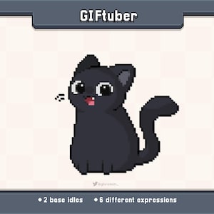 Puede incluir: Ilustración de arte pixelado de un gato negro con grandes ojos blancos y una lengua rosa. La imagen está etiquetada como "GIFTuber" e incluye el texto "2 base idles" y "6 expresiones diferentes".