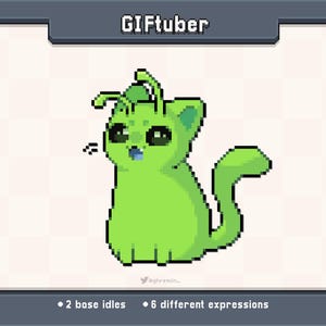 Pode incluir: Criatura pixelizada verde semelhante a um gato, com olhos grandes e língua azul. A imagem inclui o texto "GIFTuber" no topo e "2 animações base • 6 expressões diferentes" na parte inferior. A criatura tem uma cauda longa e antenas.