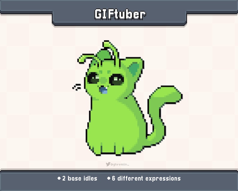 May include: Pixelated green cat-like creature with large eyes and a blue tongue. The image includes the text "GIFTuber" at the top and the text "2 base idles &bull; 6 different expressions" at the bottom. The creature has a long tail and small antennae.