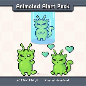 May include: Pixel art graphic of a green cat-like creature with antennae and heart accents, part of an Animated Alert Pack. The image includes the text "Animated Alert Pack" and "1024x1024 gif".
