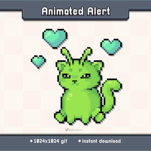 May include: Pixelated animated alert featuring a green cat with antennae and three floating teal hearts. The text "Animated Alert" is at the top. The image is a 1024x1024 GIF, available for instant download.