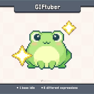 May include: A pixelated image of a cute green frog with rosy cheeks and large eyes. The frog is surrounded by two sparkling stars. The image has the text "GIFTuber" at the top and "1 base idle" and "6 different expressions" at the bottom.