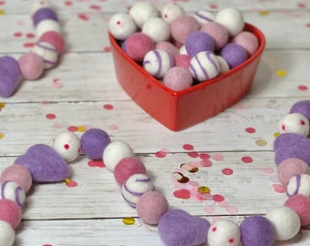 Purple Hearts Valentines Felt Ball Garland Bright Purple Felted Heart Decoration for Mantel Girl Classroom Garland