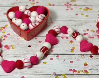 Hot Pink Hearts Valentines Felt Ball Garland Bright Pink Felted Heart Decoration for Mantel Girl Baby Shower Garland