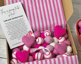 MAKE YOUR OWN! Pink Valentines Garland! Kids Felt Craft Kit Gift Pink Hearts Craft Kit for Kids and Adults diy Felt Ball Garland