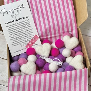 MAKE YOUR OWN! Pink & Purple with White Hearts Valentines Garland! Felt Craft Kit for Kids and Adults Craft Gift Feb diy Felt Ball Garland