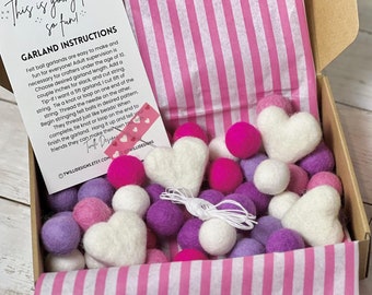 MAKE YOUR OWN! Pink & Purple with White Hearts Valentines Garland! Felt Craft Kit for Kids and Adults Craft Gift Feb diy Felt Ball Garland