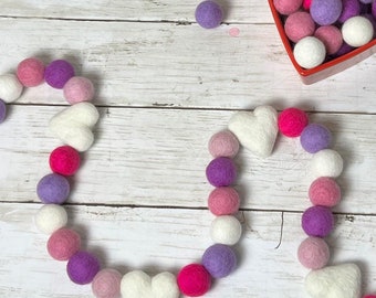 Pink and White Hearts Valentines Swirl Felt Ball Garland Bright Pink Felted Heart Decoration for Mantel Girl Baby Shower Garland