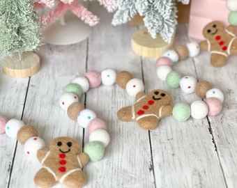 Christmas Gingerbread Whimsical Decor Garland Felt Ball Decoration for Mantel Kids Holiday Gingerbread Decorations for Kitchen
