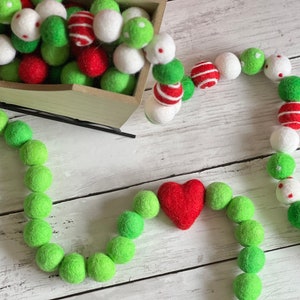 Holiday Cheermeister Christmas Heart Pom Pom Decor Garland Felt Ball You're a Mean One Fun Red Green Decorations for Mantel