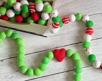 Holiday Cheermeister Christmas Heart Pom Pom Decor Garland Felt Ball You're a Mean One Fun Red Green Decorations for Mantel