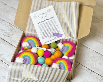 MAKE YOUR OWN! Rainbow Garland! Bright Fun Summer Do it Yourself Garland Kit Kids Felt Craft Kit Gift Rainbow Felt Ball Garland