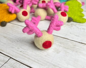 Felted Pink Rudolph Red Nosed Reindeer Trees Wool Shapes Felt Holiday Felt Shapes DIY Christmas Deer Craft for Kids