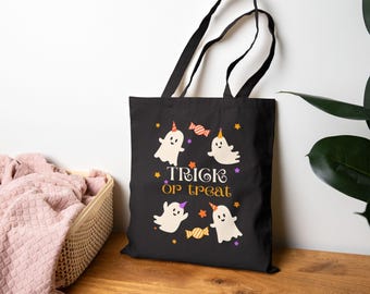 Halloween Ghost Trick or Treat Cotton Canvas Tote Bag, Eco-Friendly Shopping, Reusable Halloween Bag, Holiday Gift, Fun Halloween Decor