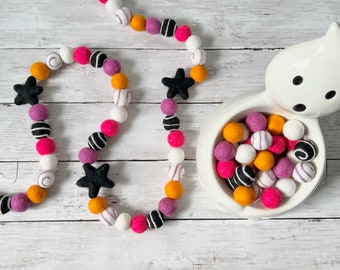Halloween Black Star Decor Cute Halloween Pink, Orange, and Purple Garland Felt Ball Decor Fall Cute Kids Spooky