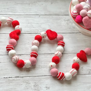 Red Hearts Valentines Felt Ball Garland Bright Red Felted Heart Decoration for Mantel Girl Baby Shower Garland