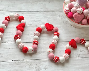 Red Hearts Valentines Felt Ball Garland Bright Red Felted Heart Decoration for Mantel Girl Baby Shower Garland