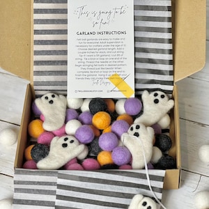 K&ouml;nnte beinhalten: Ein Halloween-Bastelset in einer offenen Pappschachtel. Das Set enth&auml;lt wei&szlig;e Filzgespenster, bunte Filzkugeln in Rosa, Lila, Orange, Schwarz und Wei&szlig; sowie eine Anleitung. Auf der Karte steht "This is going to be so fun!"