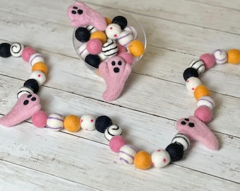 Decoração de Halloween com Fantasma Rosa, Guirlanda de Halloween Rosa e Laranja, Bola de Feltro, Decoração de Outono, Decoração Assustadora para Crianças, para Lareira