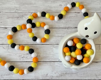 Halloween Candy Fall Felt Ball Garland Candy Corn Decoration Orange Black White Spooky Fall Decor for Mantel