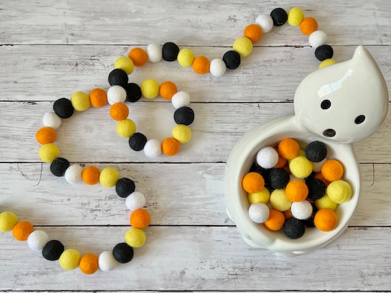 Halloween Candy Fall Felt Ball Garland Candy Corn Decoration Orange Black White Spooky Fall Decor for Mantel