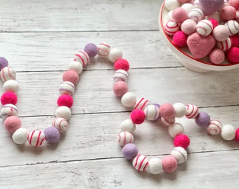 Valentines Day Garland Pink & Purple Valentines Day PartyDecor Felt Ball Garland Felted Valentines Decoration for Mantel