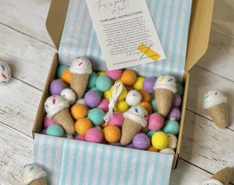 MAKE YOUR OWN! Ice Cream Garland! Kids Felt Craft Kit Gift Limited Edition Ice Cream Cone Summer diy Felt Ball Garland
