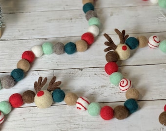 Santa's Reindeer Red & Green Christmas Decor Garland Felt Ball Decoration for Mantel or Christmas Party Decoration