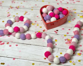 Be Mine Valentines Day PomPom Garland Pink and Purple Felt Ball Garland Fun Valentines Felt Ball Decoration for Mantel