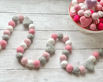 Valentines Sweater Pink Heart Felt Ball Garland Light Pink Felted Heart Decoration for Mantel Girl Baby Shower Garland