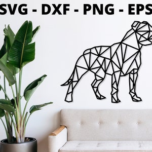 May include: Geometric line art design of a black silhouette of a dog. The dog is standing on a white background. The design is perfect for a wall decor or a digital download.