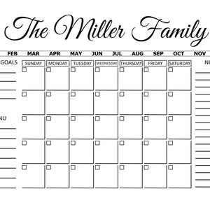 May include: A printable calendar planner with a black and white design. The calendar is labelled "The Miller Family" and includes a section for weekly goals, a monthly calendar, a menu planner, and a notes section.