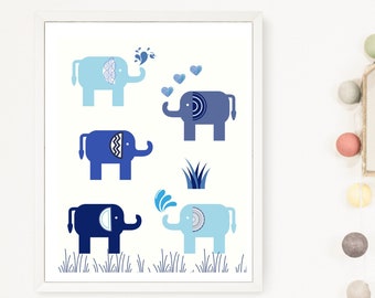 Blue Elephant Print for Nursery, Kids Room, Digital Download, 8x10, Elephant Nursery Wall Art, Wall Decor, Elephant