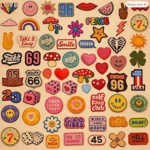 May include: A collection of colourful embroidered patches featuring various designs including smiley faces, mushrooms, hearts, dice, flowers, rainbows, and text such as 'Peace', 'Smile', 'Self Love Club', 'Good Vibes', 'Route 66', and 'USA'.