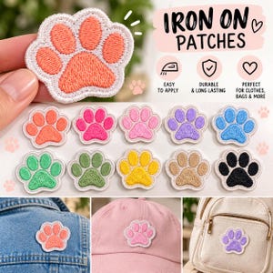 May include: A collection of embroidered paw print iron-on patches in various colours including orange, pink, purple, blue, green, yellow, tan, and black. The text IRON ON PATCHES is visible along with icons for application and durability.