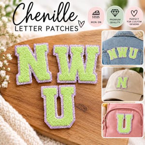 May include: Three chenille letter patches in the letters N, W, and U, featuring a bright lime green textured centre with a lavender border. The patches are shown applied to a denim jacket, a beige baseball cap, and a pink backpack.