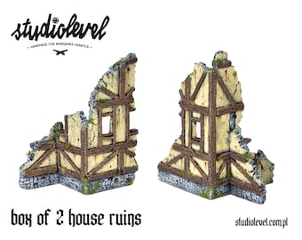 2x Ruined Medieval House Terrain | Wargaming Modular Scenery, Painted Building Models (Set of 2)