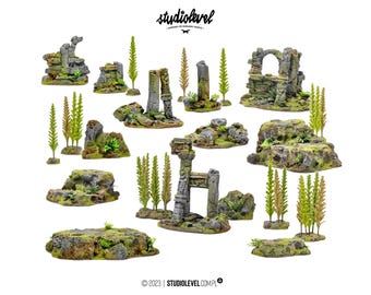 FOREST TOURNAMENT SET | Wargames Terrain, Modular Terrain, Tabletop Scenery: Ruins, Hills, Rocks, Trees