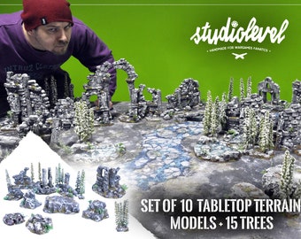 WINTER MIDDLE SET + Courier Service | Wargame Terrain, 28mm, 35mm, Modular Terrain, Tabletop Scenery Ruins, Hill, Rocks, Trees for Warhammer
