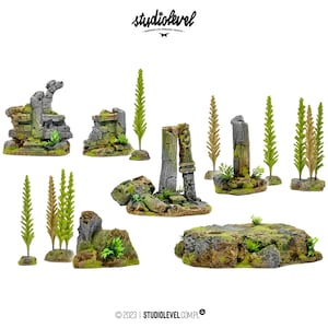 May include: A set of miniature stone ruins and green plants, perfect for tabletop gaming or model building. The set includes various sizes of ruined walls, pillars, and overgrown foliage.