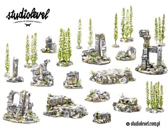 WINTER TOURNAMENT SET | Wargame Terrain, Modular Terrain, Tabletop Scenery: Ruins, Hills, Rocks, Trees
