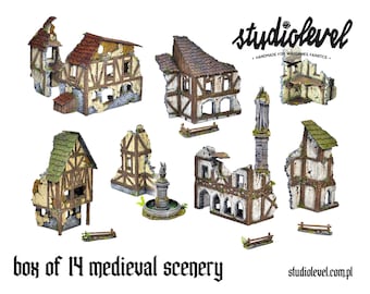 Large Medieval Town Ruins Set | Modular Wargame Terrain 28-32mm, Fully Painted (Set of 14)