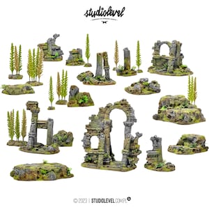 Puede incluir: Un conjunto de 12 ruinas de piedra en miniatura con musgo verde y follaje, perfecto para crear un paisaje en miniatura o un diorama.