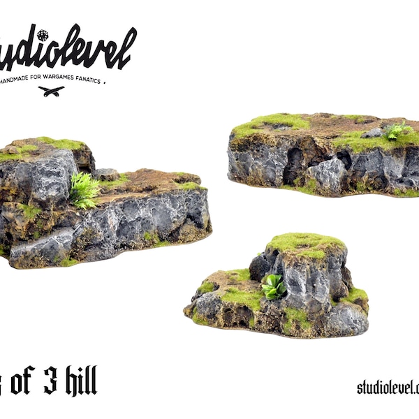 3x STONE/GRASSY HILLS | War Game Terrain, 28mm, 32mm, Fully Painted, Fantasy Scenery for Warhammer, Aos, Lotr, Kow, Pathfinder, D&D and Rpg