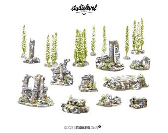 WINTER MIDDLE SET | Wargame Terrain, 28mm, 35mm, Modular Terrain, Tabletop Scenery Ruins, Hill, Rocks, Trees for Warhammer