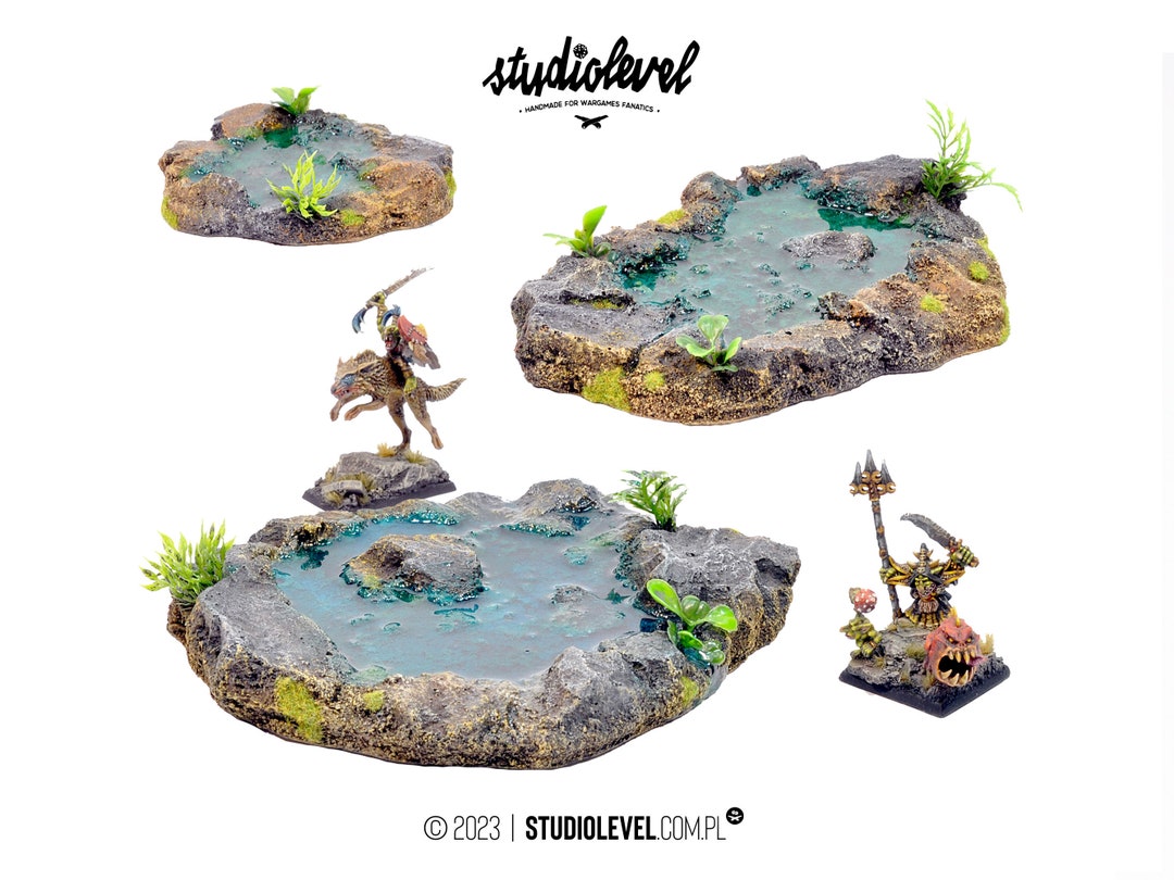 3x STONE/GRASSY PONDS Box Pool Terrain, Fantasy Puddle Scenery